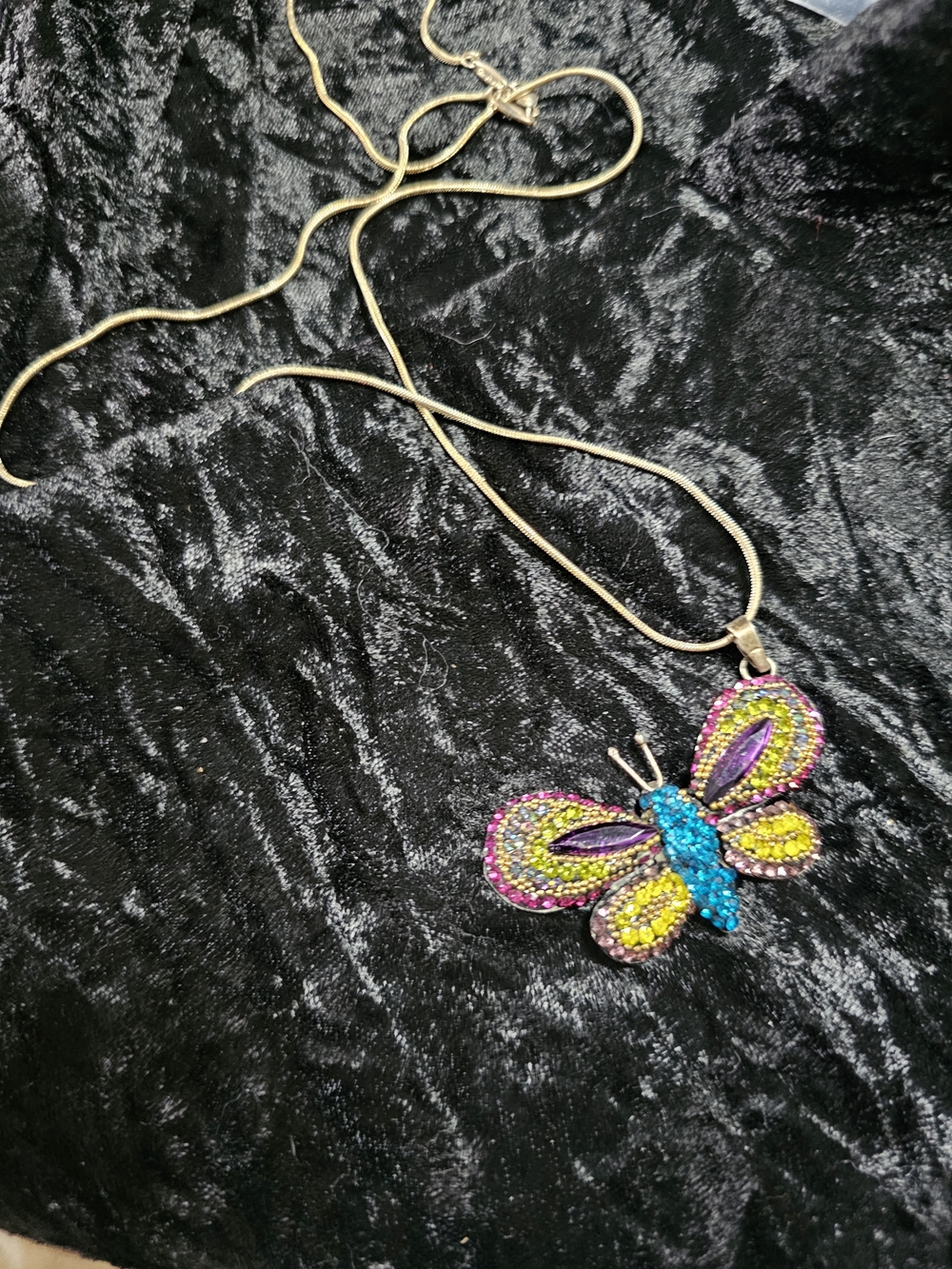 Colorful Butterfly Crystal Pendant Necklace - Pink, Yellow & Blue